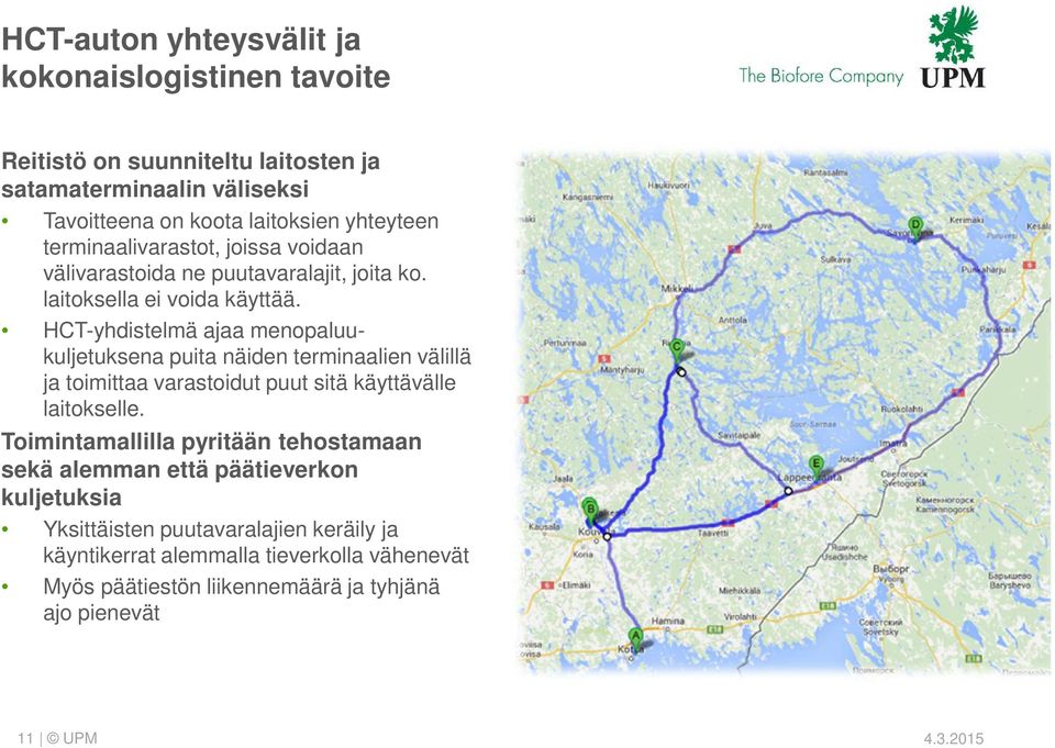 HCT-yhdistelmä ajaa menopaluukuljetuksena puita näiden terminaalien välillä ja toimittaa varastoidut puut sitä käyttävälle laitokselle.