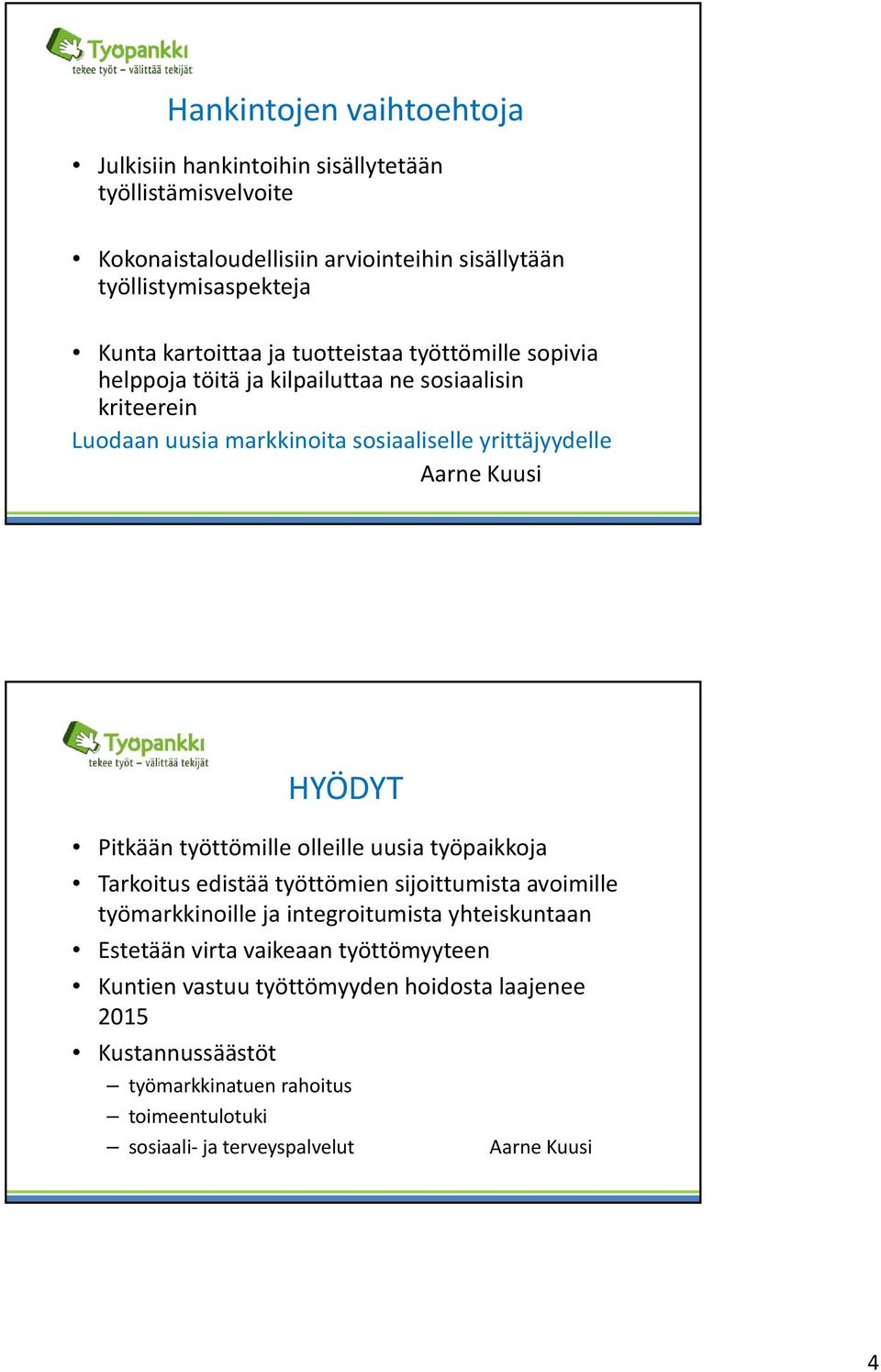 HYÖDYT Pitkään työttömille olleille uusia työpaikkoja Tarkoitus edistää työttömien sijoittumista avoimille työmarkkinoille ja integroitumista yhteiskuntaan