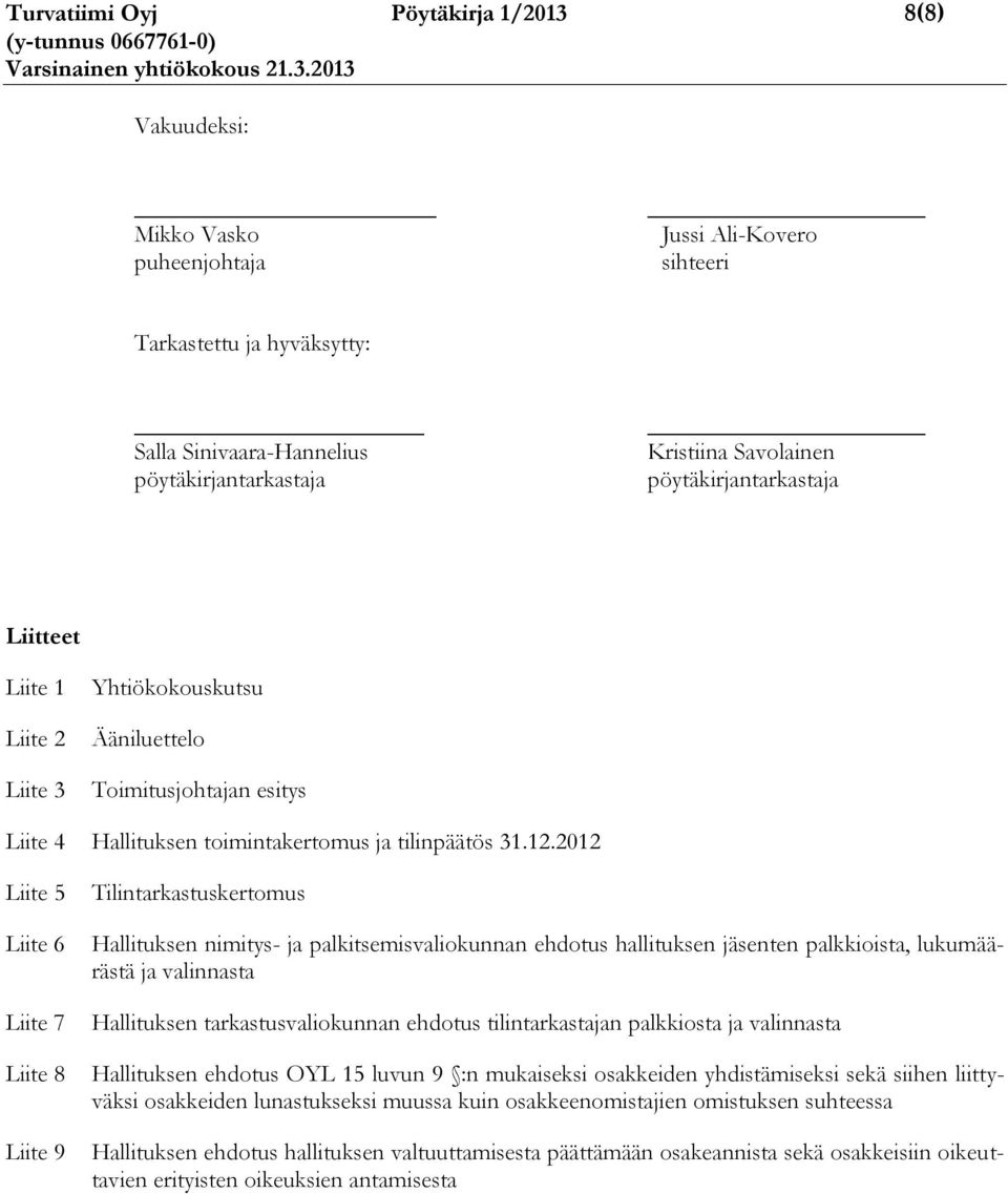 2012 Liite 5 Liite 6 Liite 7 Liite 8 Liite 9 Tilintarkastuskertomus Hallituksen nimitys- ja palkitsemisvaliokunnan ehdotus hallituksen jäsenten palkkioista, lukumäärästä ja valinnasta Hallituksen