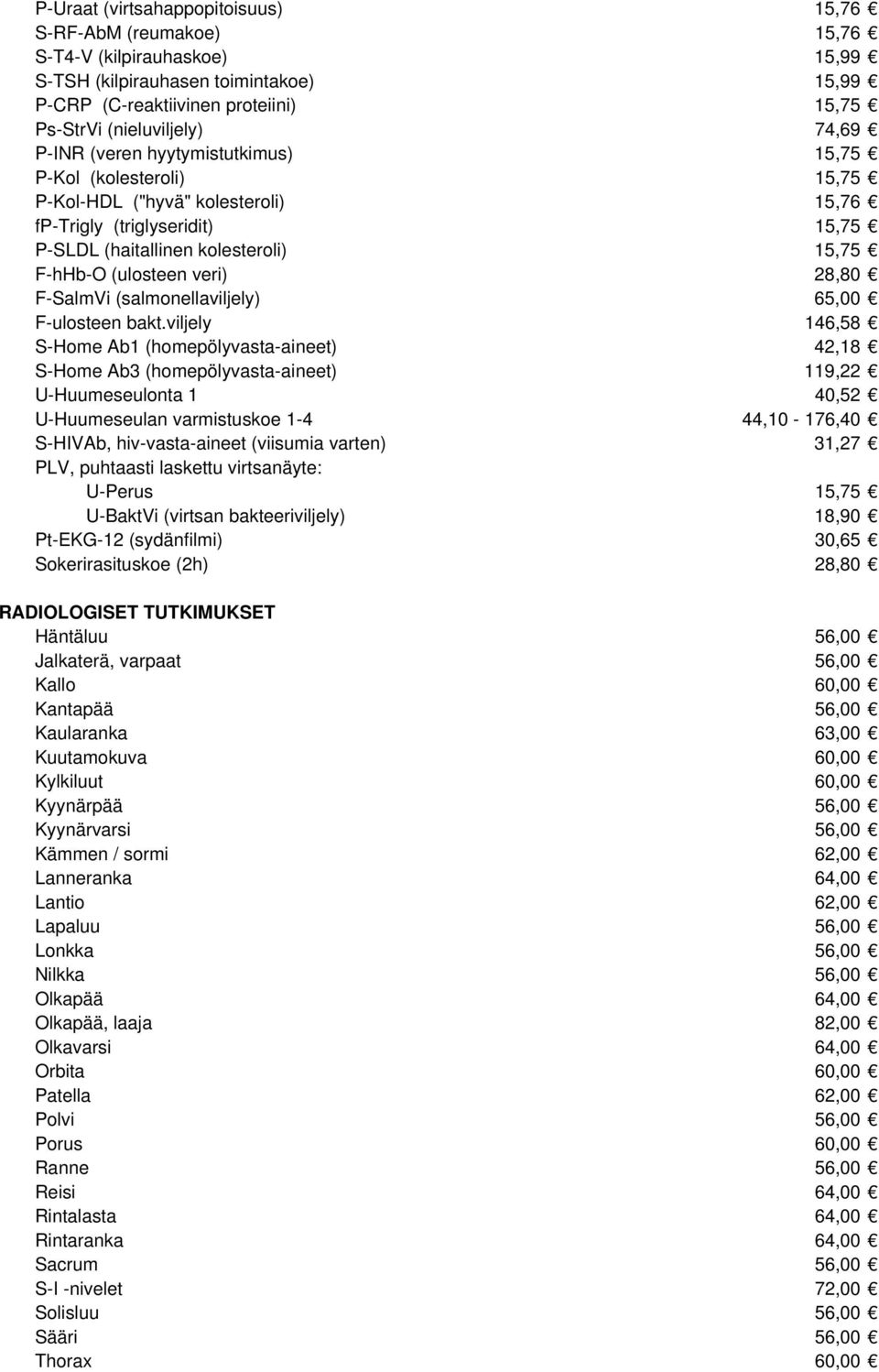 veri) 28,80 F-SalmVi (salmonellaviljely) 65,00 F-ulosteen bakt.