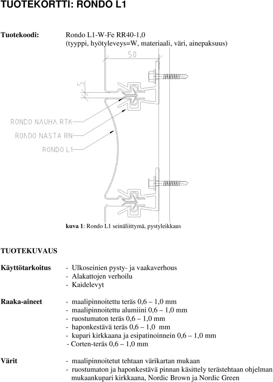 maalipinnoitettu alumiini 0,6 1,0 mm - ruostumaton teräs 0,6 1,0 mm - haponkestävä teräs 0,6 1,0 mm - kupari kirkkaana ja esipatinoinnein 0,6 1,0 mm - Corten-teräs