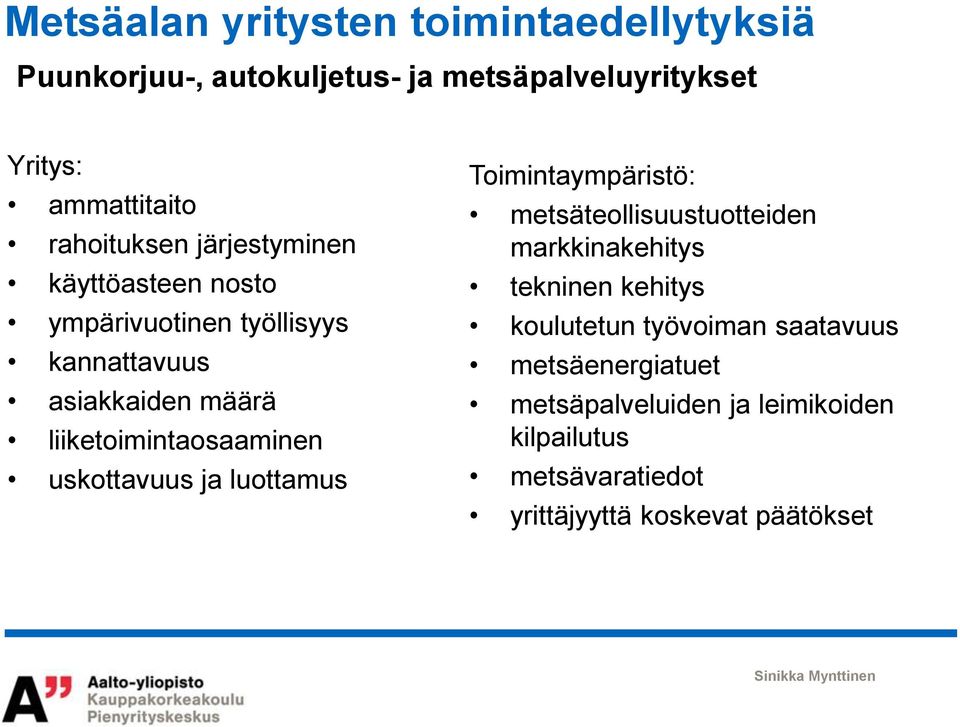 liiketoimintaosaaminen uskottavuus ja luottamus Toimintaympäristö: metsäteollisuustuotteiden markkinakehitys tekninen