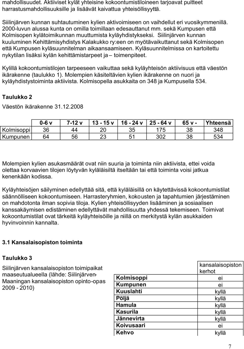 sekä Kumpusen että Kolmisopen kylätoimikunnan muuttumista kyläyhdistykseksi.