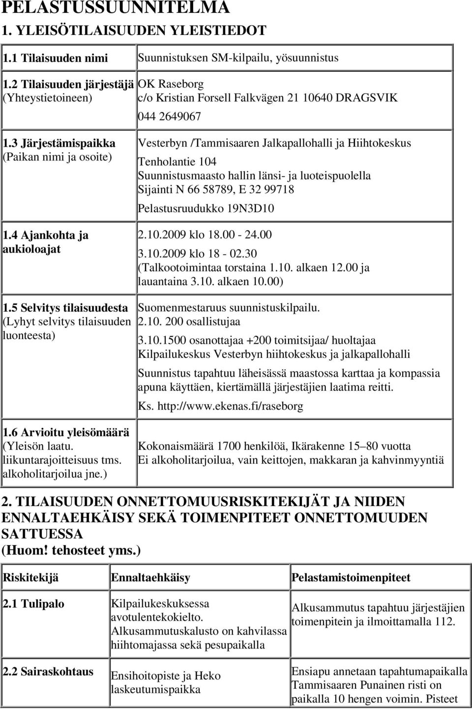 4 Ajankohta ja aukioloajat Vesterbyn /Tammisaaren Jalkapallohalli ja Hiihtokeskus Tenholantie 104 Suunnistusmaasto hallin länsi- ja luoteispuolella Sijainti N 66 58789, E 32 99718 Pelastusruudukko