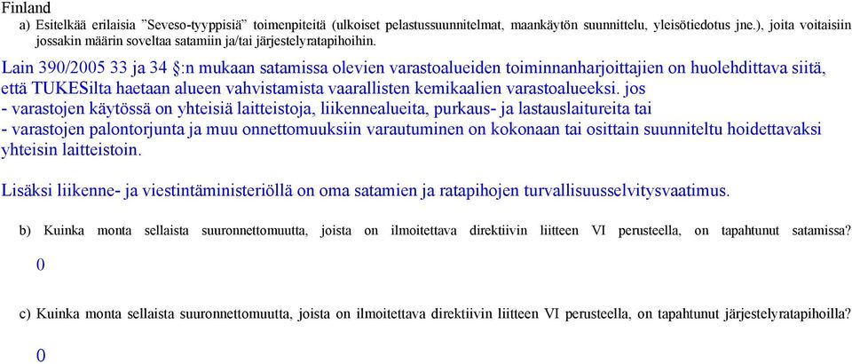 Lain 39/25 33 ja 34 :n mukaan satamissa olevien varastoalueiden toiminnanharjoittajien on huolehdittava siitä, että TUKESilta haetaan alueen vahvistamista vaarallisten kemikaalien varastoalueeksi.