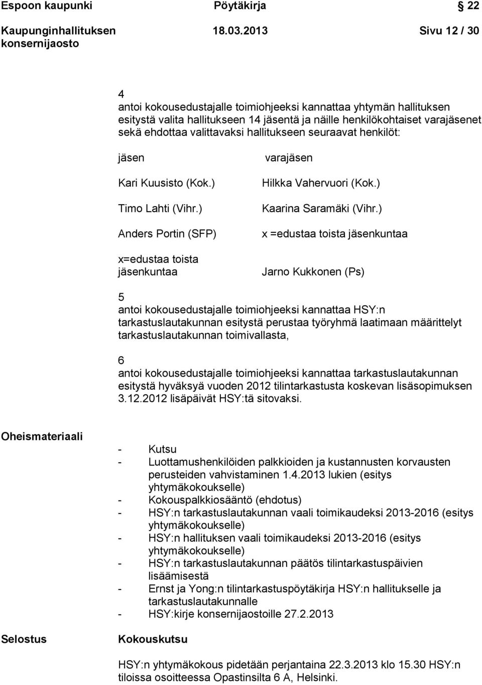 seuraavat henkilöt: jäsen Kari Kuusisto (Kok.) Timo Lahti (Vihr.) Anders Portin (SFP) x=edustaa toista jäsenkuntaa Hilkka Vahervuori (Kok.) Kaarina Saramäki (Vihr.