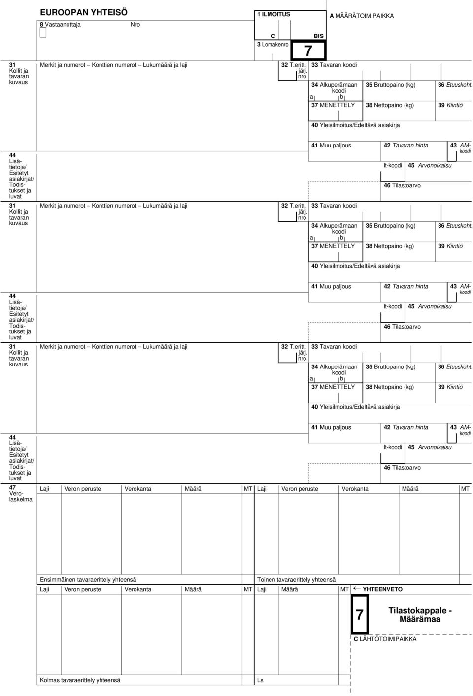 Tavaran lt- 43 AM 40 Yleisilmoitus/Edeltävä asiakir Kollit Merkit numerot Konttien numerot Lukumäärä laji 33