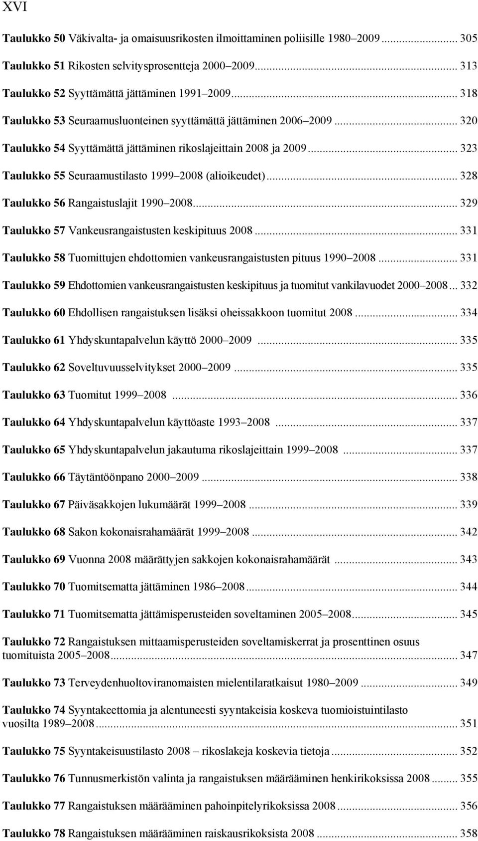 .. 323 Taulukko 55 Seuraamustilasto 1999 2008 (alioikeudet)... 328 Taulukko 56 Rangaistuslajit 1990 2008... 329 Taulukko 57 Vankeusrangaistusten keskipituus 2008.