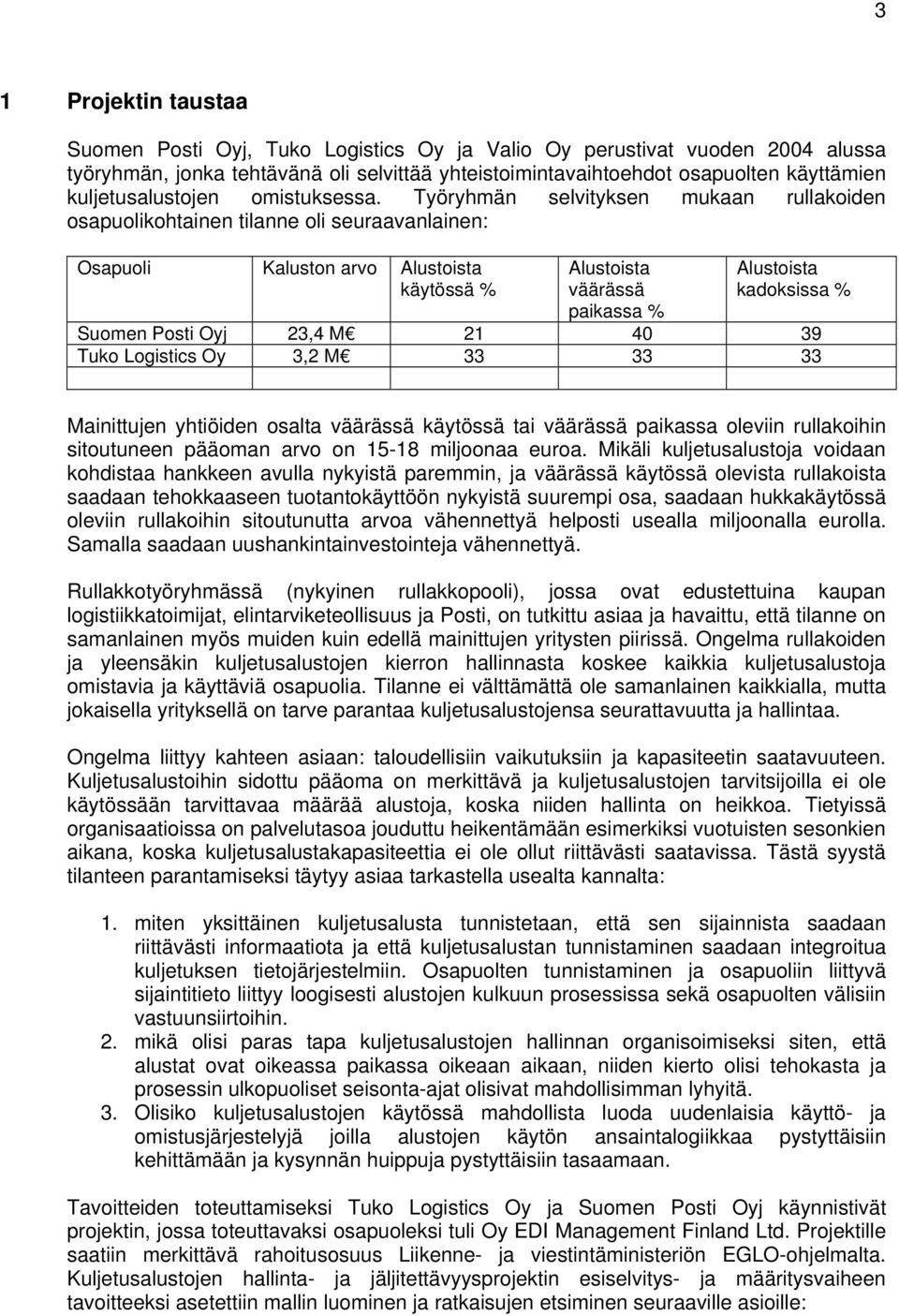 Työryhmän selvityksen mukaan rullakoiden osapuolikohtainen tilanne oli seuraavanlainen: Osapuoli Kaluston arvo Alustoista käytössä % Alustoista väärässä paikassa % Alustoista kadoksissa % Suomen