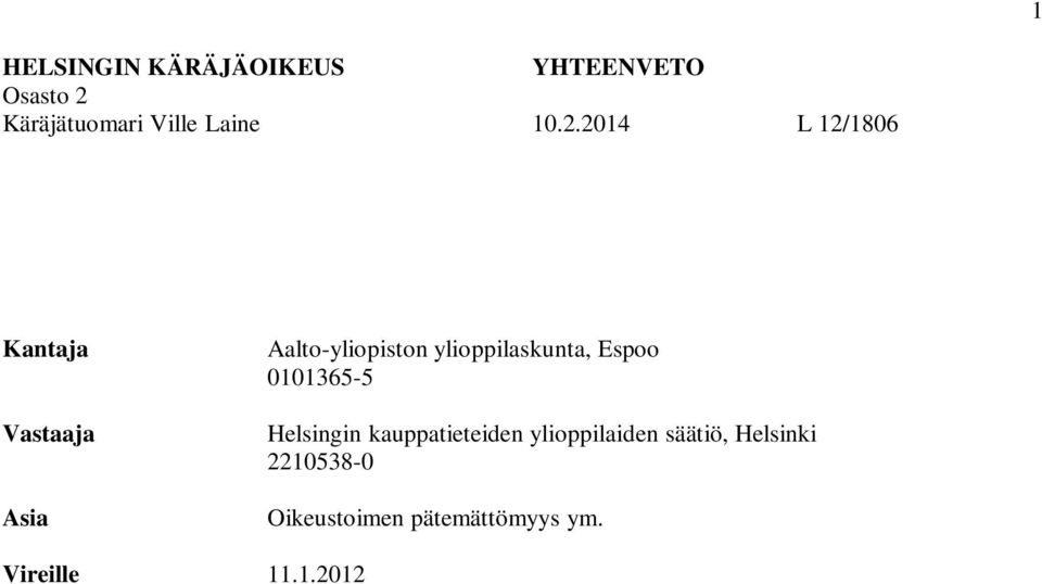 2014 L 12/1806 Kantaja Vastaaja Asia Aalto-yliopiston