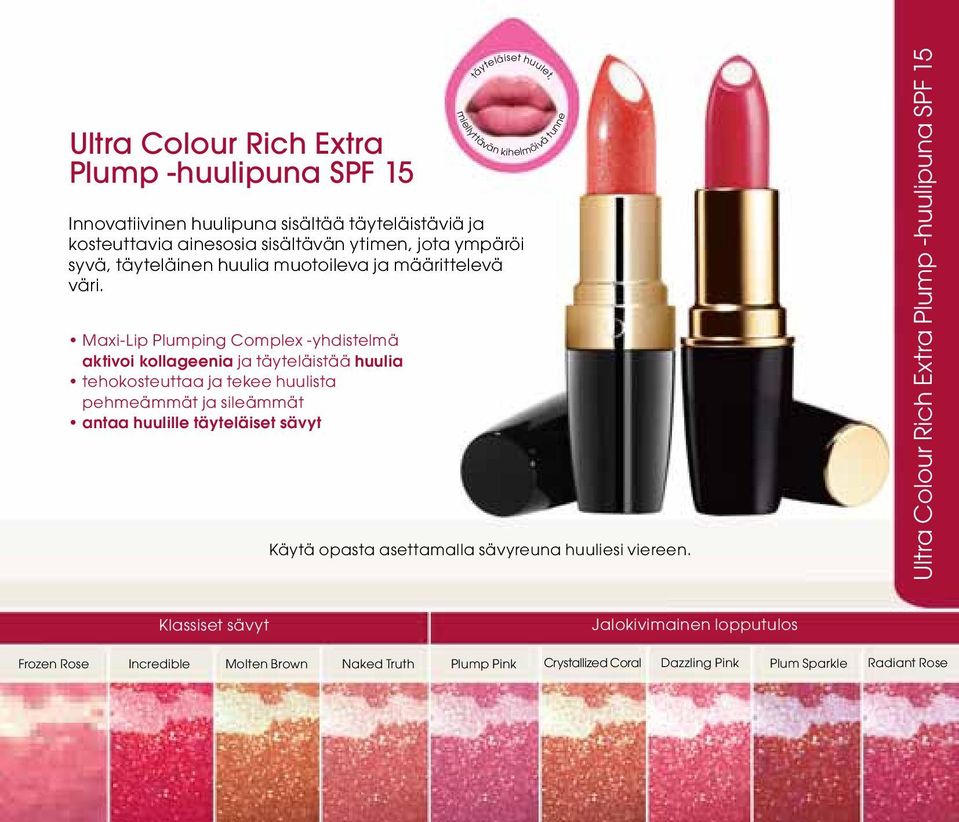 Maxi-Lip Plumping Complex -yhdistelmä aktivoi kollageenia ja täyteläistää huulia tehokosteuttaa ja tekee huulista pehmeämmät ja sileämmät antaa huulille