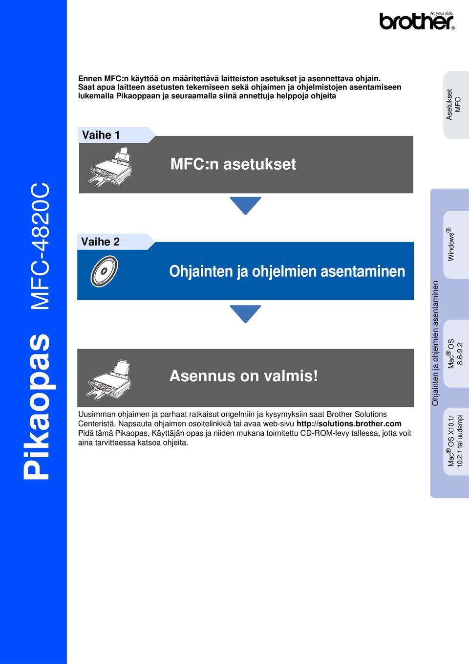 Vaihe 1 MFC:n asetukset Pikaopas MFC-4820C Vaihe 2 Asennus on valmis! Uusimman ohjaimen ja parhaat ratkaisut ongelmiin ja kysymyksiin saat Brother Solutions Centeristä.