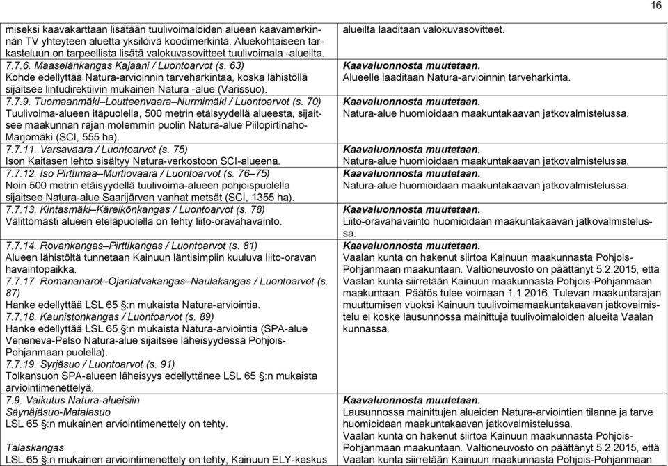 63) Kohde edellyttää Natura-arvioinnin tarveharkintaa, koska lähistöllä sijaitsee lintudirektiivin mukainen Natura -alue (Varissuo). 7.7.9. Tuomaanmäki Loutteenvaara Nurmimäki / Luontoarvot (s.