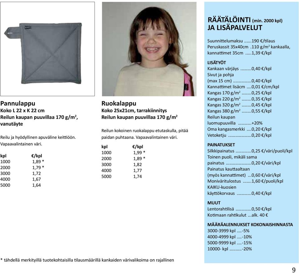 1000 1,99 * 2000 1,89 * 3000 1,82 4000 1,77 5000 1,74 RÄÄTÄLÖINTI (min. 2000 ) JA LISÄPALVELUT Suunnittelumaksu...190 /tilaus Peruskassit 35x40cm..110 g/m 2 kankaalla, kannattimet 35cm.