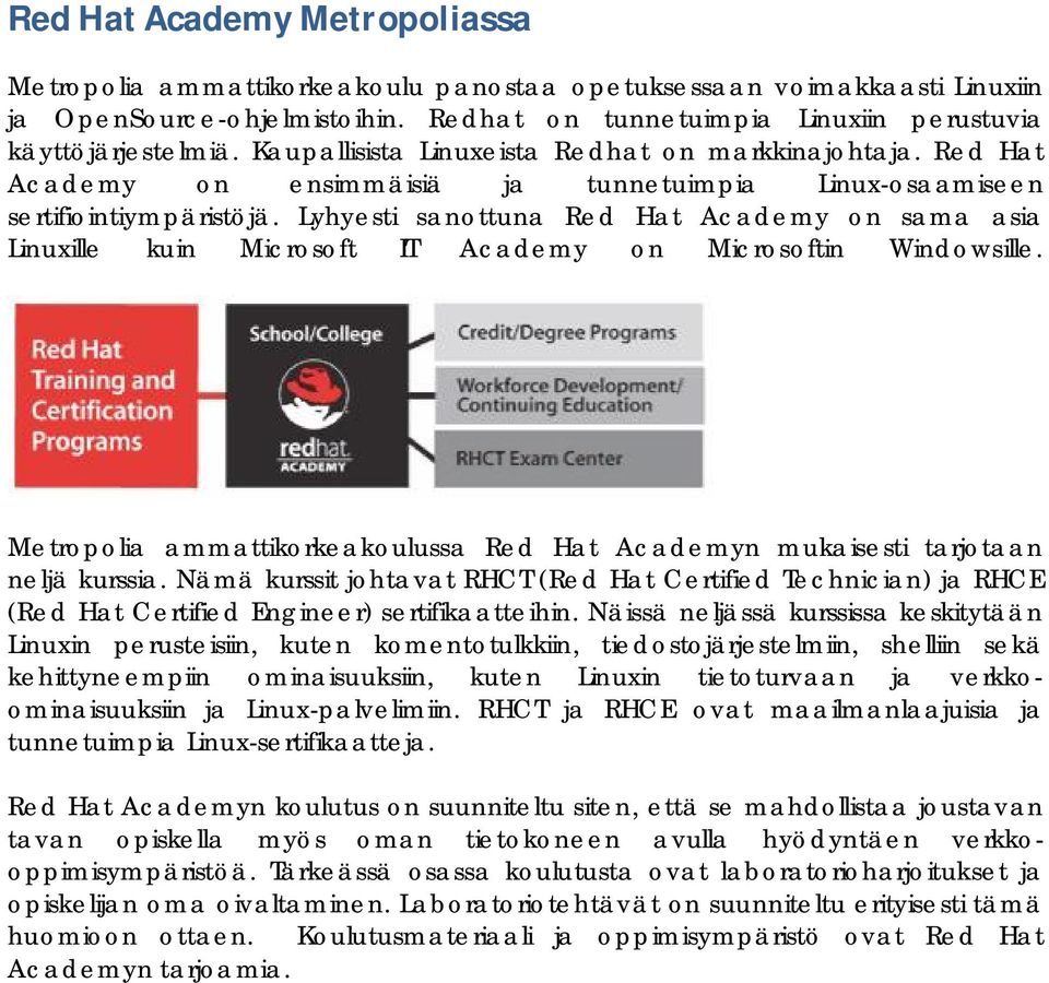 Lyhyesti sanottuna Red Hat Academy on sama asia Linuxille kuin Microsoft IT Academy on Microsoftin Windowsille. Metropolia ammattikorkeakoulussa Red Hat Academyn mukaisesti tarjotaan neljä kurssia.