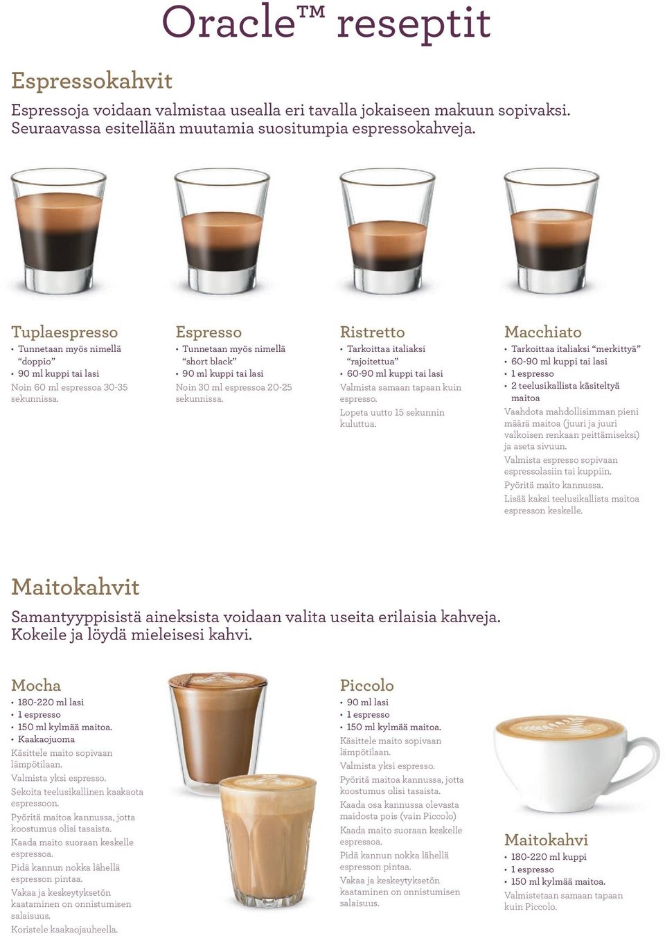Espresso Tunnetaan myös nimellä short black 90 ml kuppi tai lasi Noin 30 ml espressoa 20-25 sekunnissa.