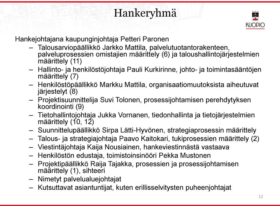 Projektisuunnittelija Suvi Tolonen, prosessijohtamisen perehdytyksen koordinointi (9) Tietohallintojohtaja Jukka Vornanen, tiedonhallinta ja tietojärjestelmien määrittely (10, 12)