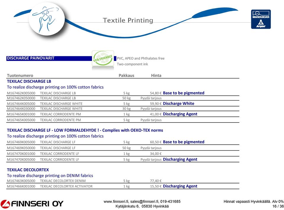 21,39 7,13 M167464K030000 TEXILAC DISCHARGE WHITE 30 kg Pyydä tarjous Pyydä tarjous 116,10 6,45 M167465K001000 TEXILAC CORRODENTE PM 1 kg 41,00 Discharging Agent 41,00 14,64 24,40 M167465K005000