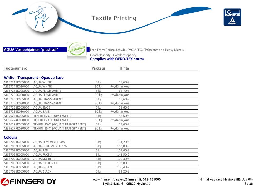 FLASH WHITE 30 kg Pyydä tarjous 370 132,12 7,34 M167250K005000 AQUA TRANSPARENT 5 kg 58,60 58,6 20,91 6,97 M167250K030000 AQUA TRANSPARENT 30 kg Pyydä tarjous 345,3 123,3 6,85 M167251K005000 AQUA