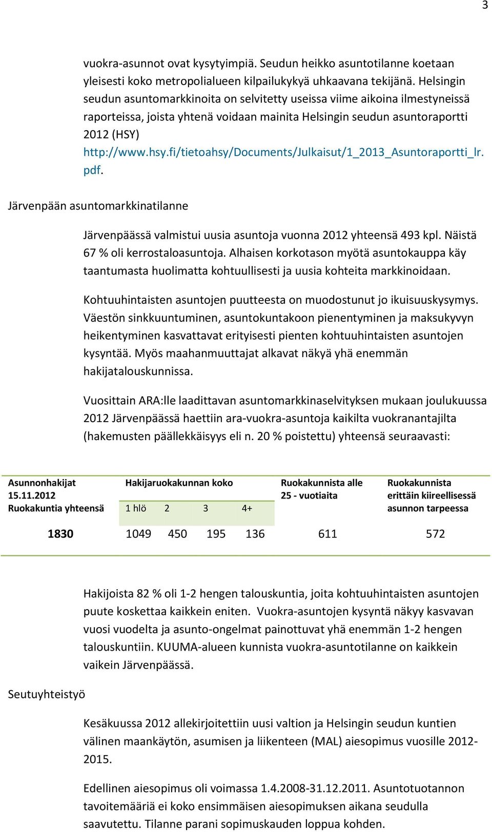 fi/tietoahsy/documents/julkaisut/1_2013_asuntoraportti_lr. pdf. Järvenpään asuntomarkkinatilanne Järvenpäässä valmistui uusia asuntoja vuonna 2012 yhteensä 493 kpl. Näistä 67 % oli kerrostaloasuntoja.
