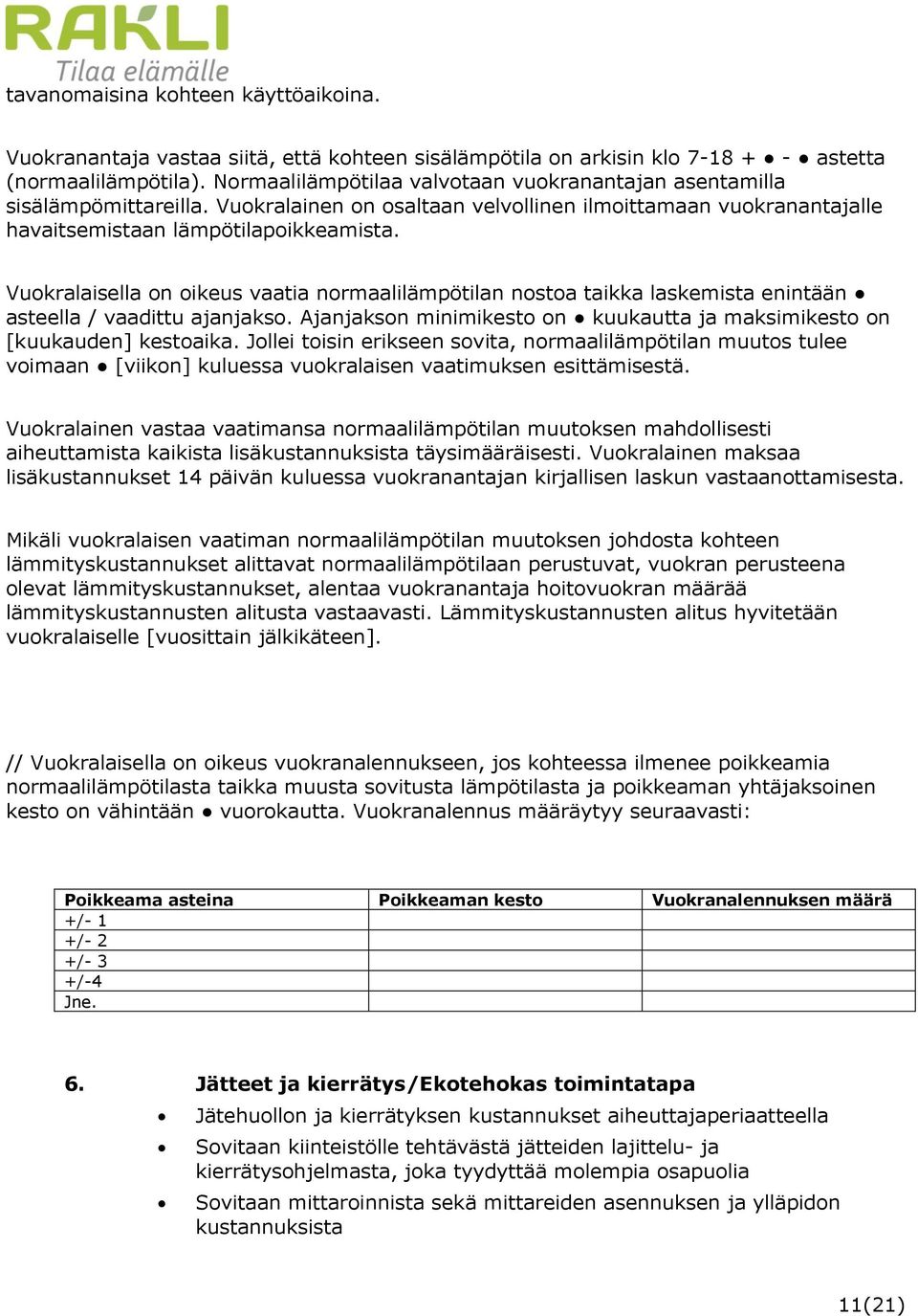 Vuokralaisella on oikeus vaatia normaalilämpötilan nostoa taikka laskemista enintään asteella / vaadittu ajanjakso. Ajanjakson minimikesto on kuukautta ja maksimikesto on [kuukauden] kestoaika.