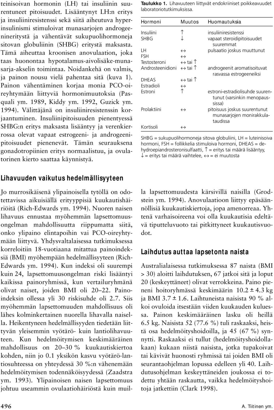 maksasta. Tämä aiheuttaa kroonisen anovulaation, joka taas huonontaa hypotalamus-aivolisäke-munasarja-akselin toimintaa. Noidankehä on valmis, ja painon nousu vielä pahentaa sitä (kuva 1).