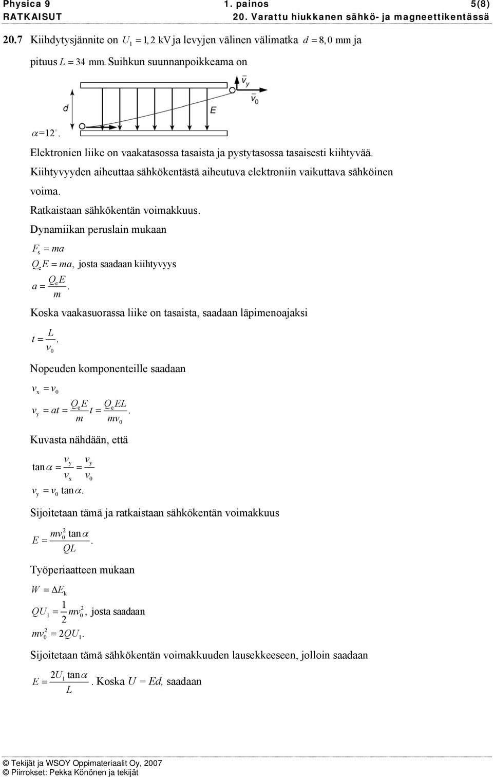 aakauoraa liik on taaita, aadaan läinoajaki L t = 0 Noudn koonntill aadaan = QE QEL = = = x 0 y at t Kuata nähdään, ttä y y tanα = = x 0 = tan α y 0 0 Sijoittaan tää ja ratkaitaan ähkökntän oiakkuu E