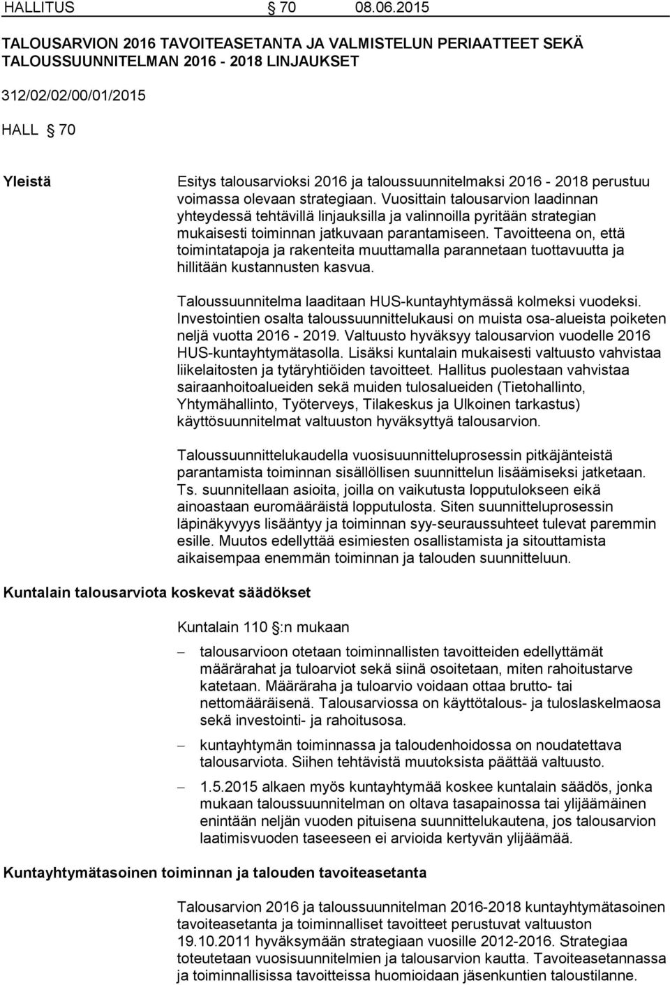 2016-2018 perustuu voimassa olevaan strategiaan. Vuosittain talousarvion laadinnan yhteydessä tehtävillä linjauksilla ja valinnoilla pyritään strategian mukaisesti toiminnan jatkuvaan parantamiseen.