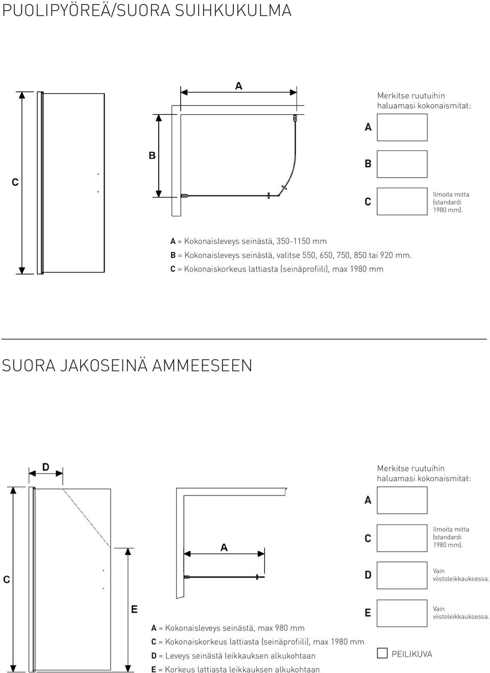 = Kokonaiskorkeus lattiasta (seinäprofiili), max 1980 mm SUOR JKOSEINÄ MMEESEEN D Vain viistoleikkauksessa.