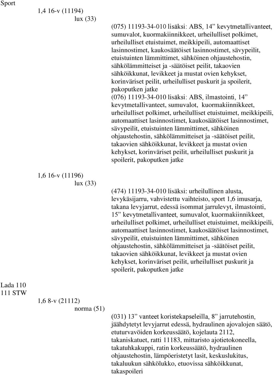 pakoputken jatke (076) 11193-34-010 lisäksi: ABS, ilmastointi, 14 kevytmetallivanteet, sumuvalot, kuormakiinnikkeet, urheilulliset polkimet, urheilulliset etuistuimet, meikkipeili, automaattiset