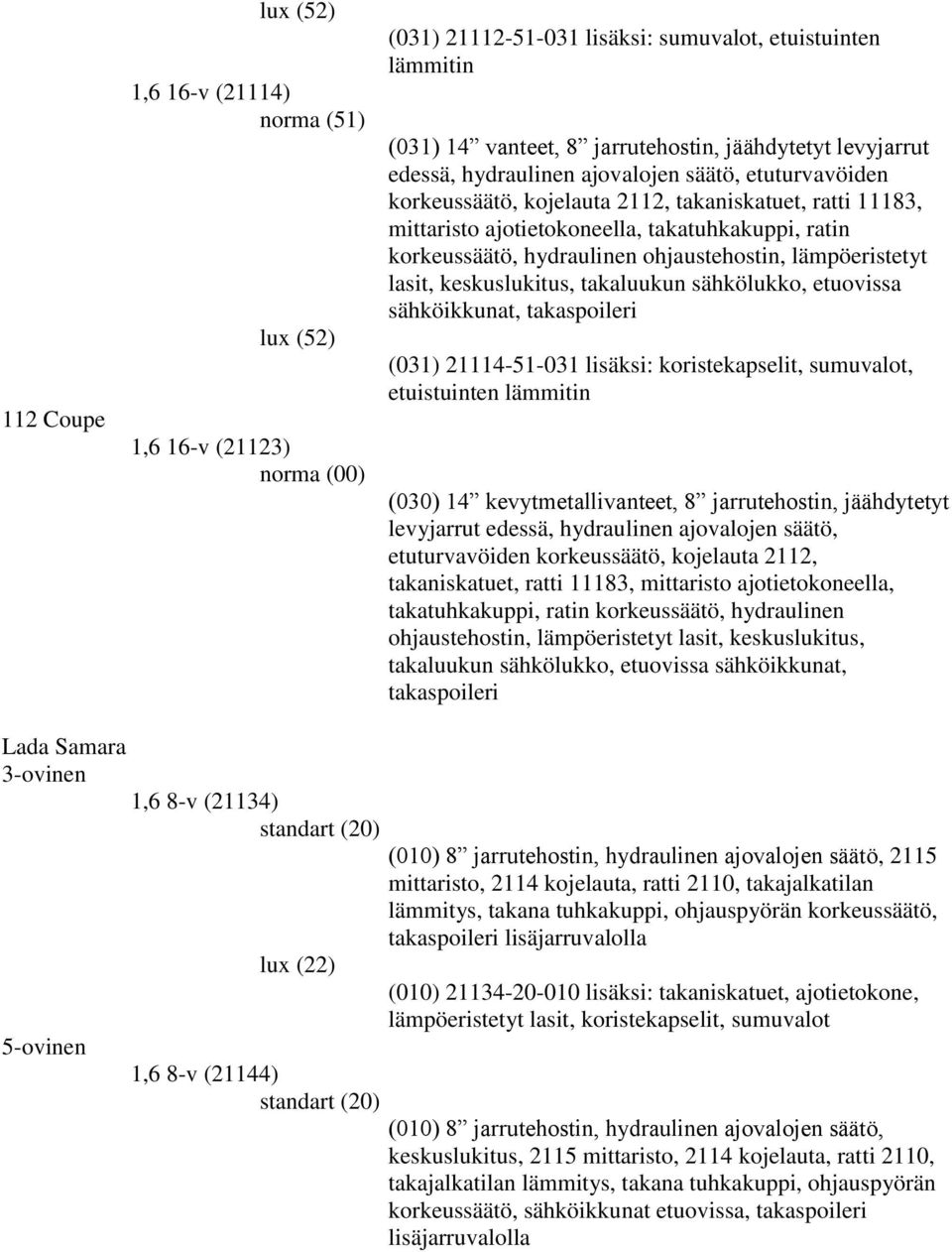 ohjaustehostin, lämpöeristetyt lasit, keskuslukitus, takaluukun sähkölukko, etuovissa sähköikkunat, takaspoileri (031) 21114-51-031 lisäksi: koristekapselit, sumuvalot, etuistuinten lämmitin (030) 14