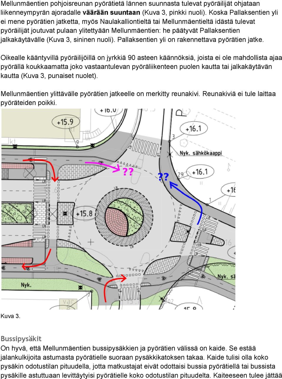 jalkakäytävälle (Kuva 3, sininen nuoli). Pallaksentien yli on rakennettava pyörätien jatke.