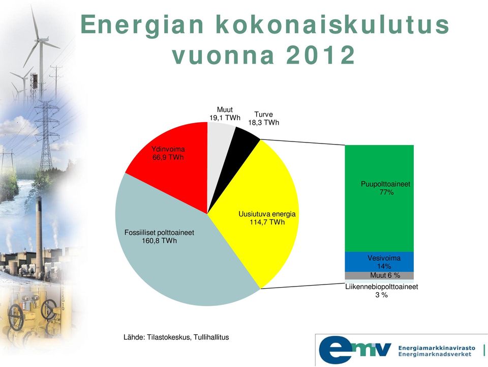 polttoaineet 160,8 TWh Uusiutuva energia 114,7 TWh Vesivoima