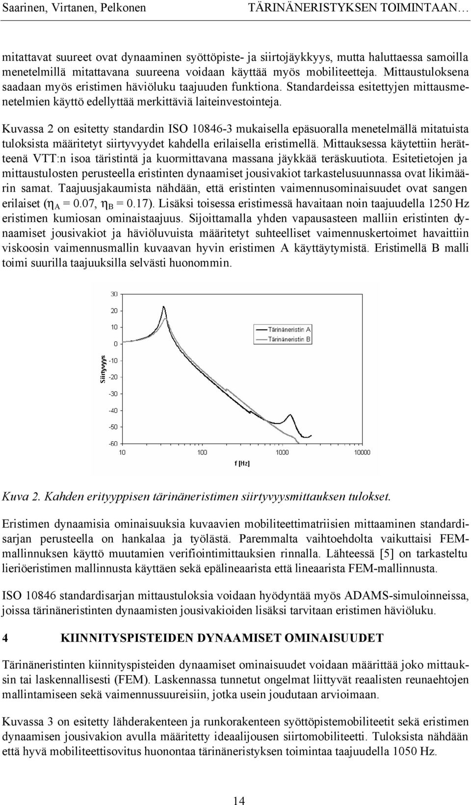 Kuvassa 2 on esitetty standardin ISO 10846-3 mukaisella epäsuoralla menetelmällä mitatuista tuloksista määritetyt siirtyvyydet kahdella erilaisella eristimellä.