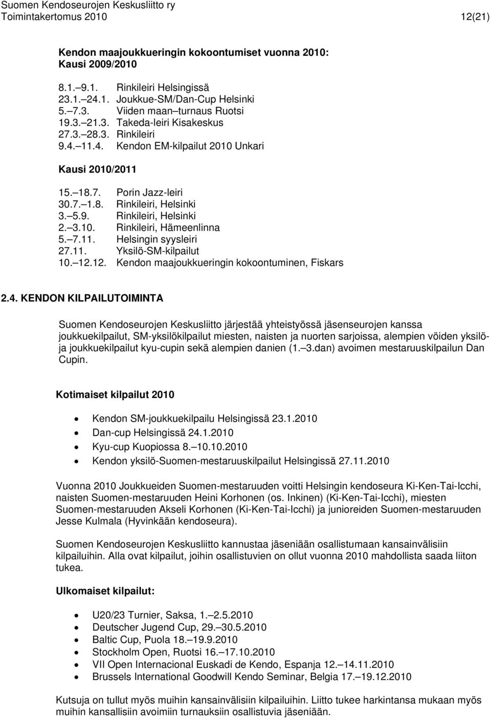 3.10. Rinkileiri, Hämeenlinna 5. 7.11. Helsingin syysleiri 27.11. Yksilö-SM-kilpailut 10. 12.12. Kendon maajoukkueringin kokoontuminen, Fiskars 2.4.