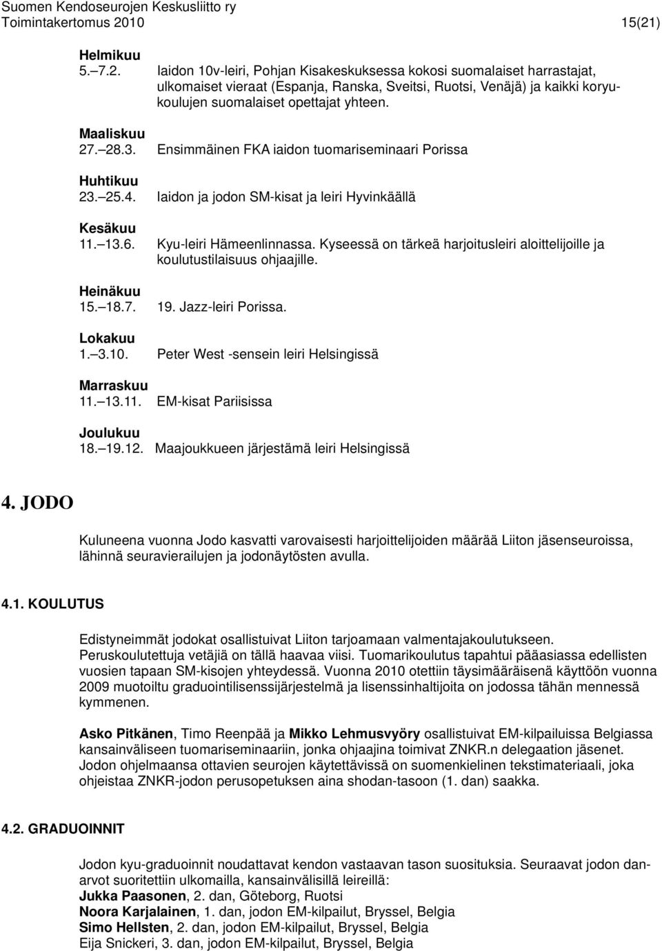 Maaliskuu 27. 28.3. Ensimmäinen FKA iaidon tuomariseminaari Porissa Huhtikuu 23. 25.4. Iaidon ja jodon SM-kisat ja leiri Hyvinkäällä Kesäkuu 11. 13.6. Kyu-leiri Hämeenlinnassa.