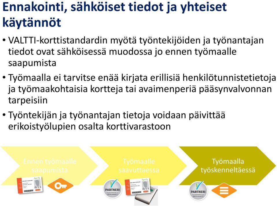 henkilötunnistetietoja ja työmaakohtaisia kortteja tai avaimenperiä pääsynvalvonnan tarpeisiin Työntekijän ja