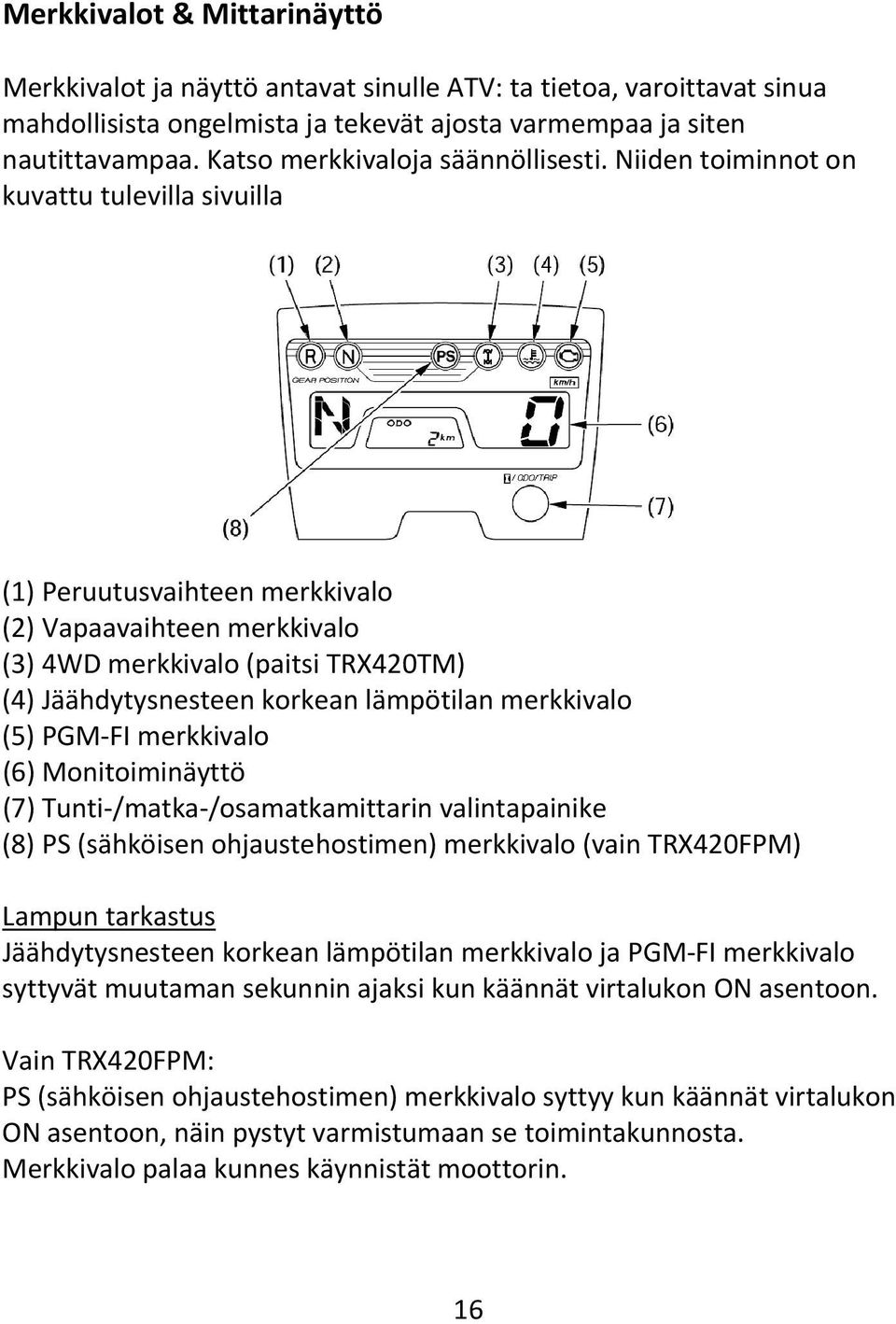 Niiden toiminnot on kuvattu tulevilla sivuilla (1) Peruutusvaihteen merkkivalo (2) Vapaavaihteen merkkivalo (3) 4WD merkkivalo (paitsi TRX420TM) (4) Jäähdytysnesteen korkean lämpötilan merkkivalo (5)