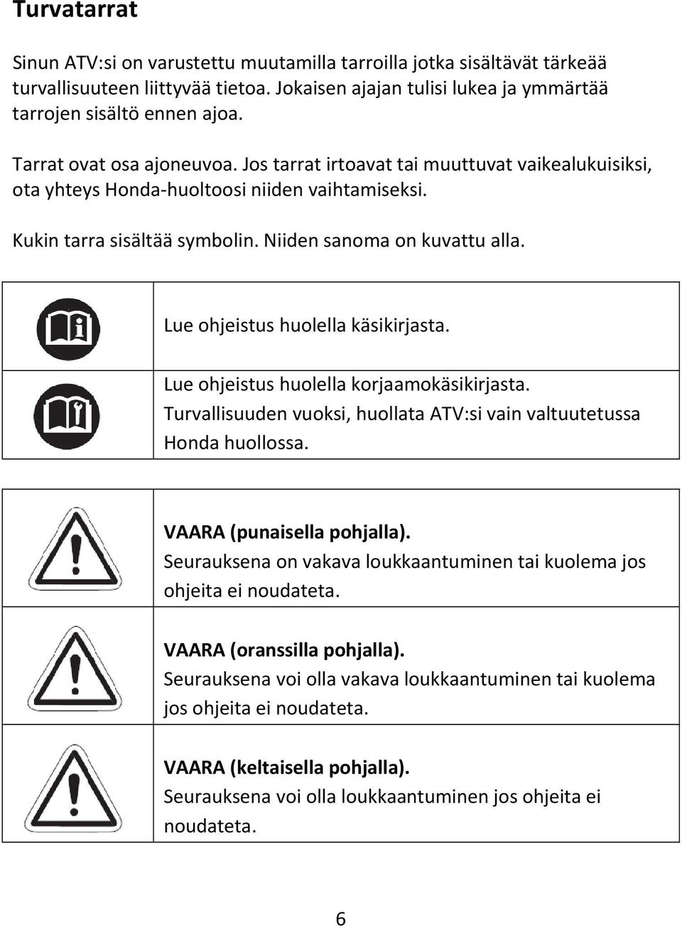 Lue ohjeistus huolella käsikirjasta. Lue ohjeistus huolella korjaamokäsikirjasta. Turvallisuuden vuoksi, huollata ATV:si vain valtuutetussa Honda huollossa. VAARA (punaisella pohjalla).