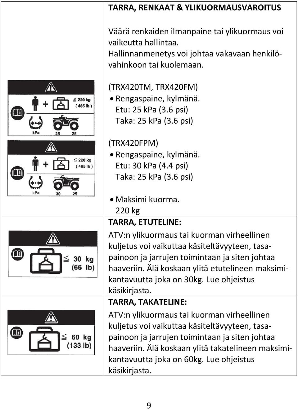 220 kg TARRA, ETUTELINE: ATV:n ylikuormaus tai kuorman virheellinen kuljetus voi vaikuttaa käsiteltävyyteen, tasapainoon ja jarrujen toimintaan ja siten johtaa haaveriin.