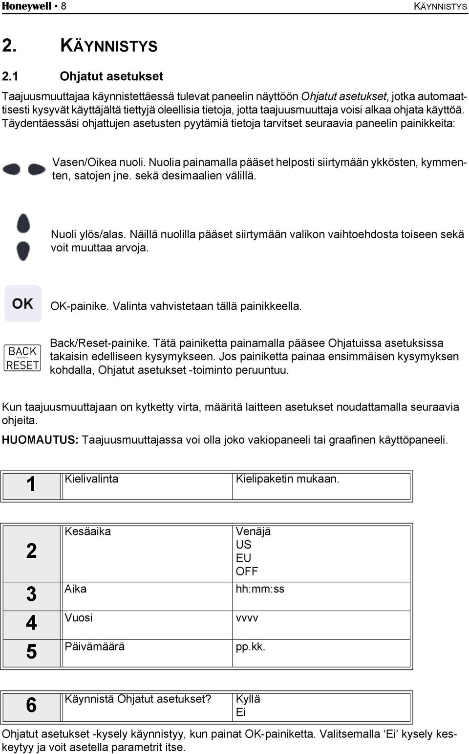 1 Ohjatut asetukset Taajuusmuuttajaa käynnistettäessä tulevat paneelin näyttöön Ohjatut asetukset, jotka automaattisesti kysyvät käyttäjältä tiettyjä oleellisia tietoja, jotta taajuusmuuttaja voisi