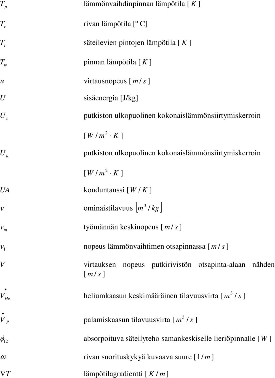 työmännän keskinoeus [ m / s ] v 1 noeus lämmönvaihtimen otsainnassa [ m / s ] V virtauksen noeus utkirivistön otsainta-alaan nähden [ m / s ] V He heliumkaasun keskimääräinen