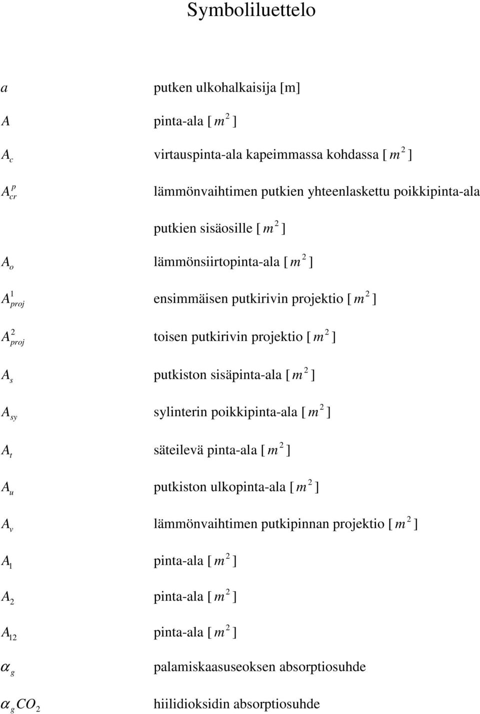 roj A utkiston sisäinta-ala [ m ] s A sylinterin oikkiinta-ala [ m ] sy A säteilevä inta-ala [ m ] t A utkiston ulkointa-ala [ m ] u A lämmönvaihtimen