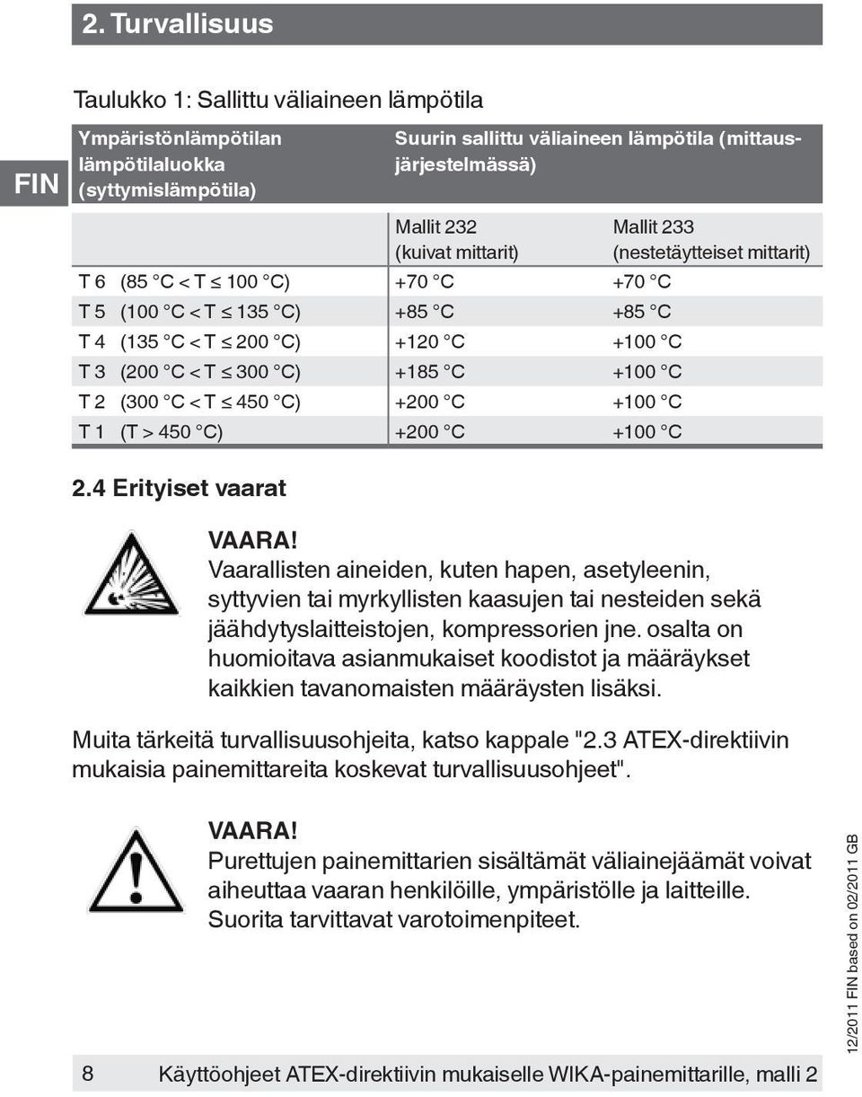 C) +200 C +100 C 2.4 Erityiset vaarat Mallit 233 (nestetäytteiset mittarit) VAARA!
