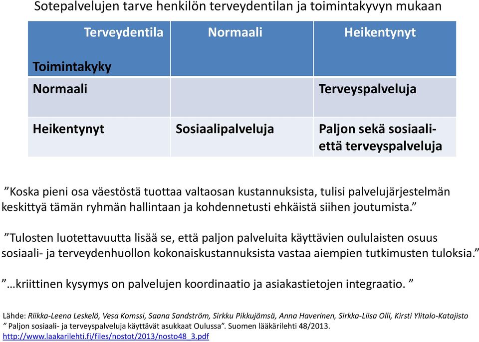 Tulosten luotettavuutta lisää se, että paljon palveluita käyttävien oululaisten osuus sosiaali- ja terveydenhuollon kokonaiskustannuksista vastaa aiempien tutkimusten tuloksia.