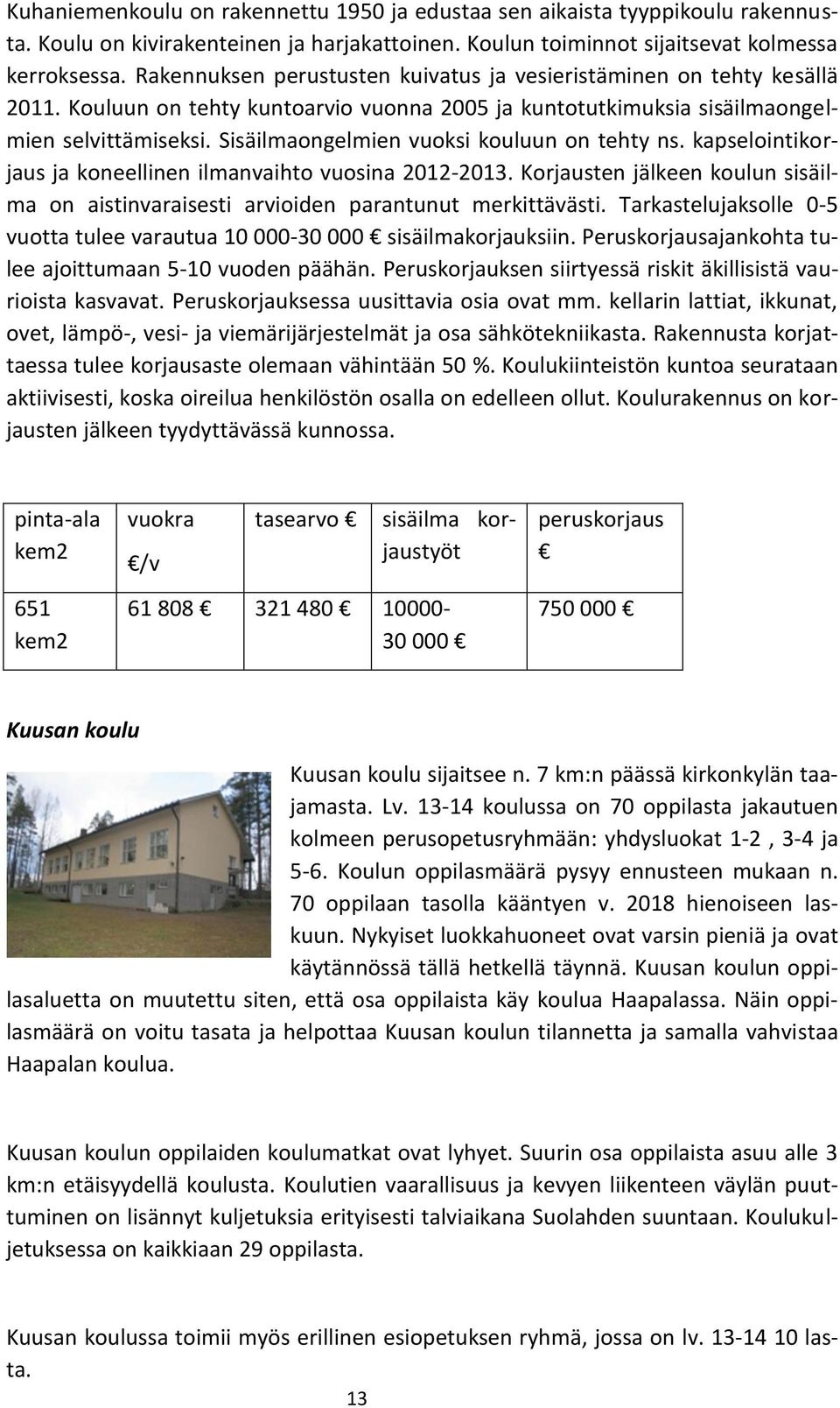 Sisäilmaongelmien vuoksi kouluun on tehty ns. kapselointikorjaus ja koneellinen ilmanvaihto vuosina 2012-2013.