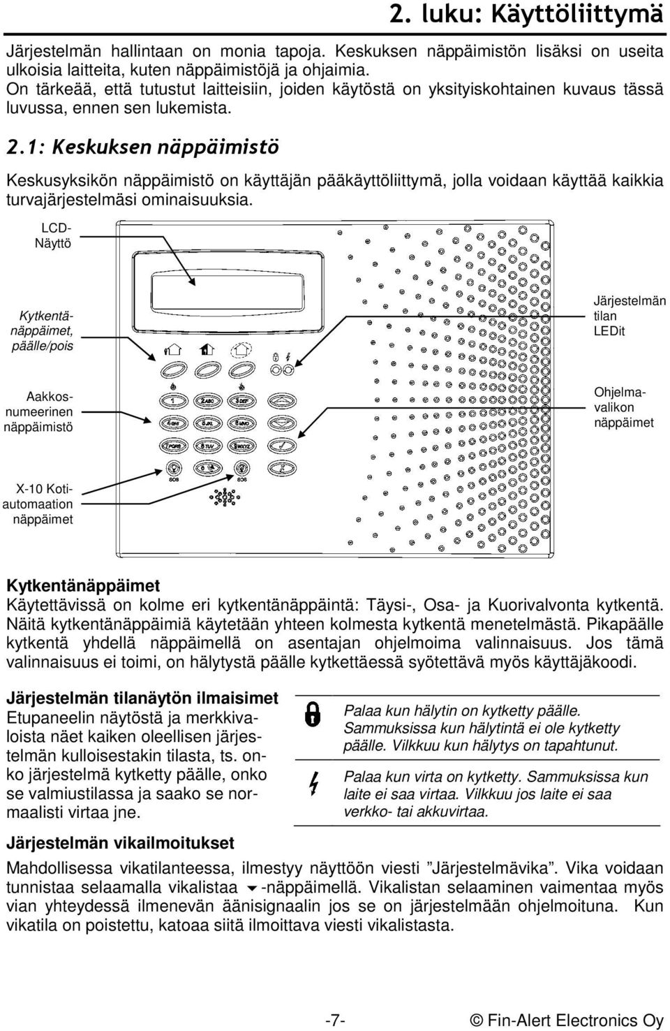 1: Keskuksen näppäimistö Keskusyksikön näppäimistö on käyttäjän pääkäyttöliittymä, jolla voidaan käyttää kaikkia turvajärjestelmäsi ominaisuuksia.