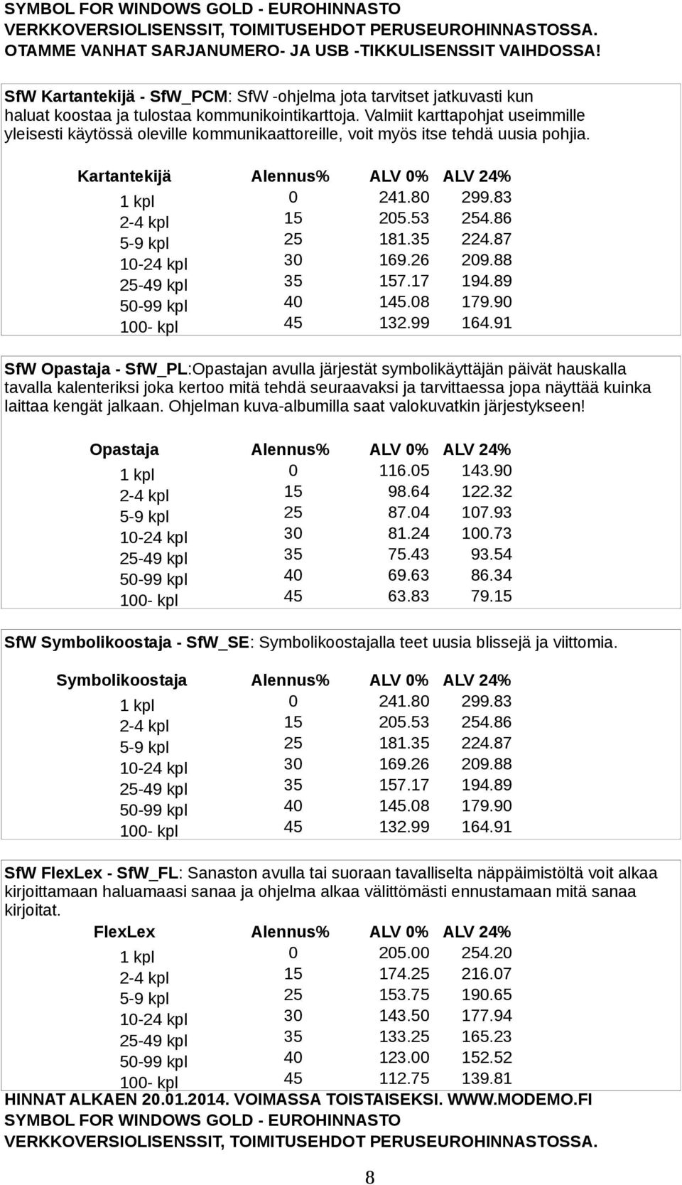 Valmiit karttapohjat useimmille yleisesti käytössä oleville kommunikaattoreille, voit myös itse tehdä uusia pohjia. Kartantekijä Alennus% ALV 0% ALV 24% 5-9 kpl 25 181.35 224.87 10-24 kpl 30 169.