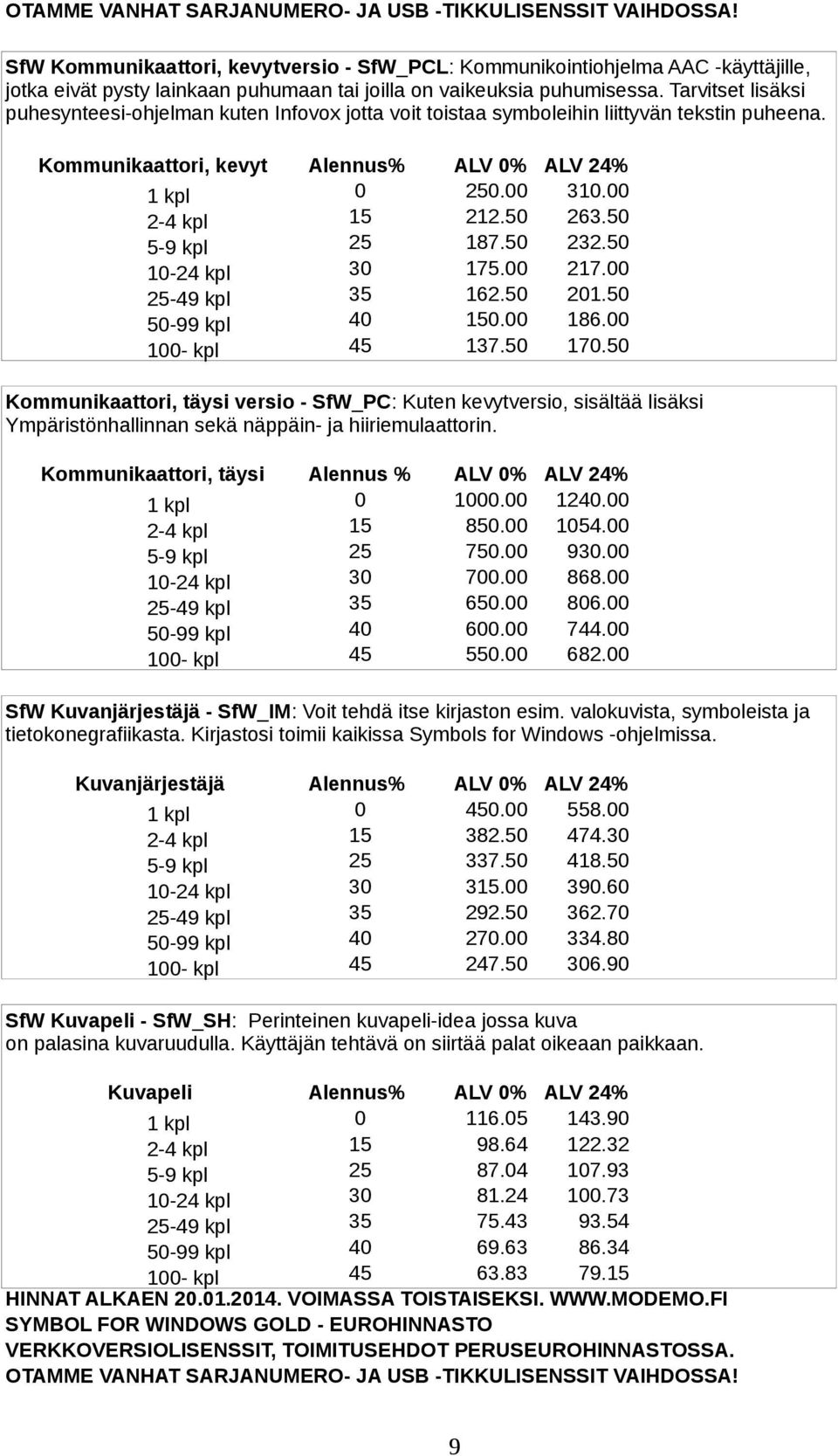 Tarvitset lisäksi puhesynteesi-ohjelman kuten Infovox jotta voit toistaa symboleihin liittyvän tekstin puheena. Kommunikaattori, kevyt Alennus% ALV 0% ALV 24% 1 kpl 0 250.00 310.00 2-4 kpl 15 212.