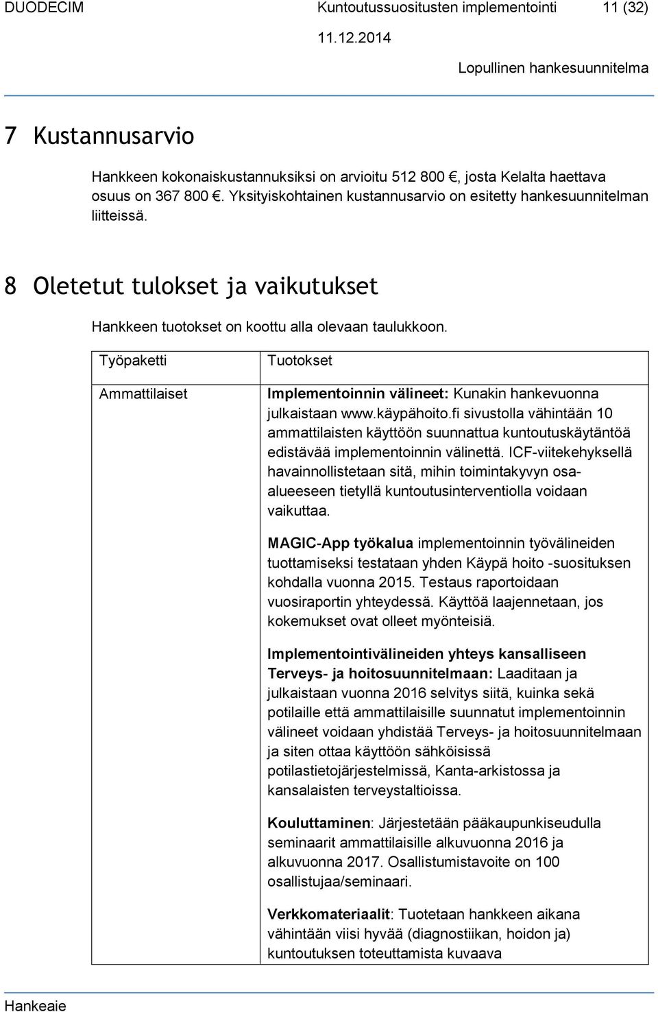 Työpaketti Ammattilaiset Tuotokset Implementoinnin välineet: Kunakin hankevuonna julkaistaan www.käypähoito.